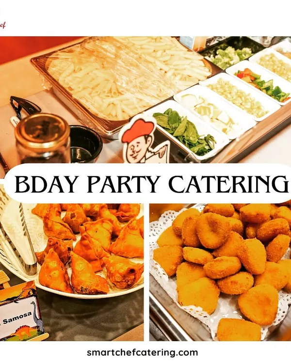 A collage showcasing a typical birthday party catering menu, including a live pasta station, mini samosas, and chicken nuggets.