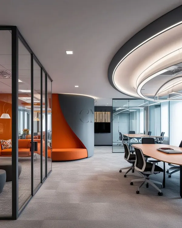A wide view of a Delhi office project, showcasing how curved partitions and strategic use of color can define different zones without closing off the space. The design promotes an open-plan feel while providing distinct areas for meetings, collaborative work, and informal discussions.