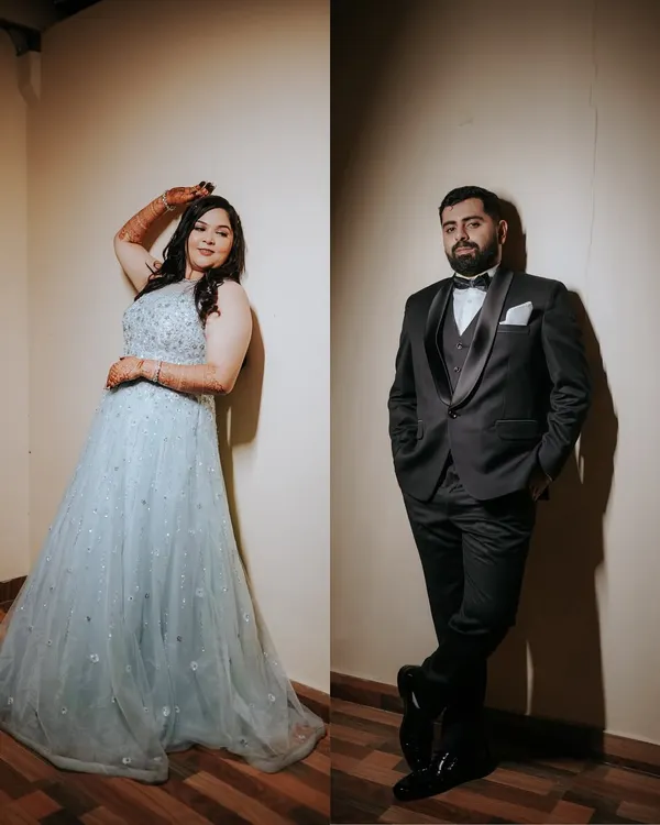 A modern fairytale. This diptych captures the bride's elegant pose and the groom's classic style, showcasing their individual personalities before they come together as one. A perfect Sangeet look.