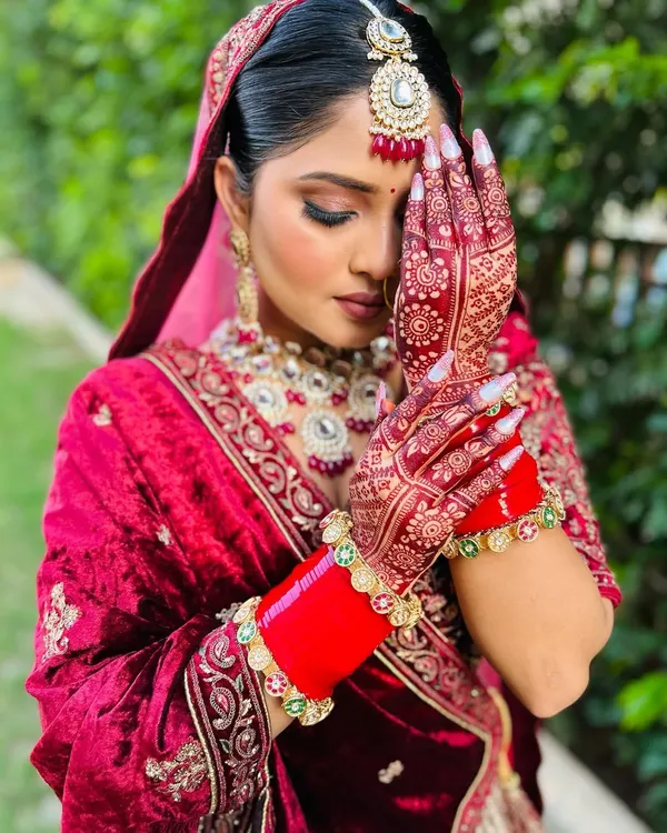 A close-up showcasing the heart of my craft. This traditional bridal mehndi features dense, detailed patterns covering the hands, a symbol of celebration and joy.