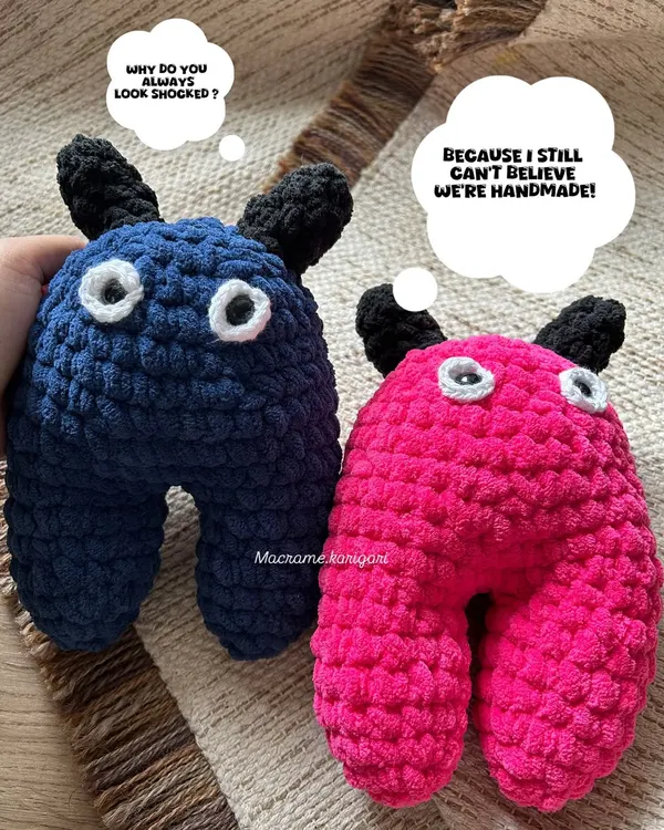 Meet our quirky Monster Teeth toys, made with extra soft and squishy chunky yarn. Their shocked expressions are because they can't believe they're handmade! Available in a variety of colors.