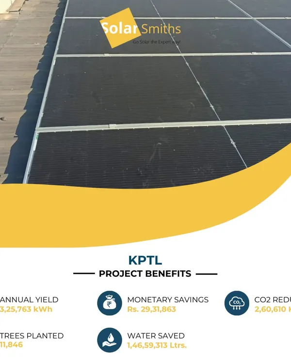This massive installation for KTPL demonstrates my capability in handling large-scale industrial projects. The system yields over 3.2 million kWh annually, saving the company over ₹29 lakhs and reducing CO2 emissions by 2,60,610 kg.