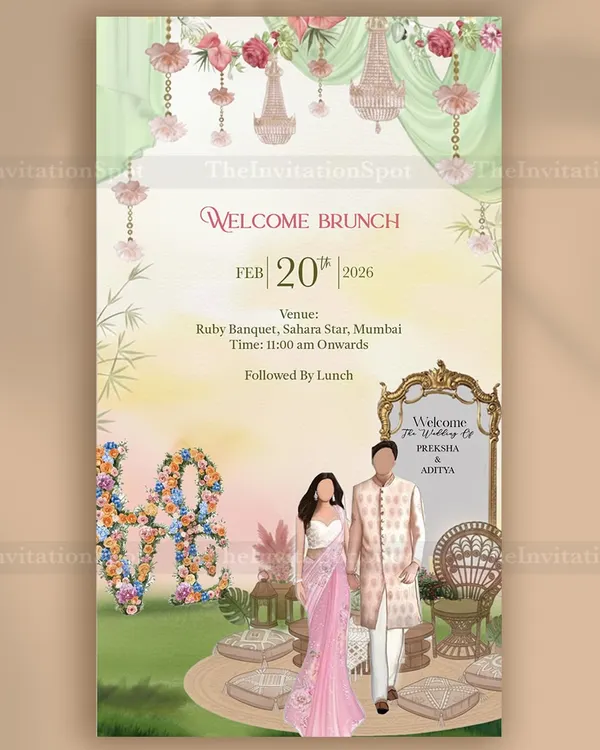 A chic start to the celebrations. This welcome brunch invite features a custom illustration of the couple in stylish pastel outfits, set against a trendy backdrop with pampas grass and a floral "LOVE" sign.