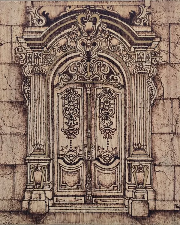 I call this series "Doorways to Dreams." This piece was created using pyrography, or wood burning, to etch the intricate details of an ornate doorway into wood. It's a 12x12 inch piece, available for purchase.