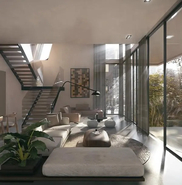 The living spaces in our Moira Villas are designed to merge seamlessly with the outside pool decks. With earthy materials and large glass walls, the interiors have a dynamic and flowing feel that follows the slope of the landscape.