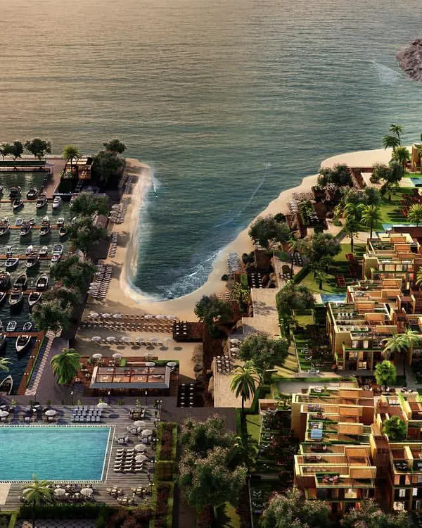 An aerial 3D visualization of a sprawling coastal villa community and marina. This bird's-eye view captures the full scope of the development, including the layout of the residences, the poolside amenities, and the arrangement of boats in the harbor, providing a comprehensive overview for potential investors.