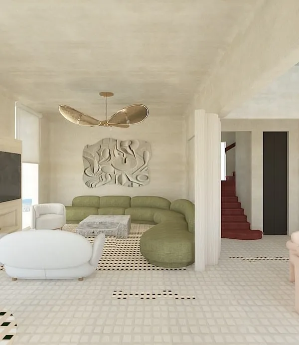 A 3D render from our design board for a holiday home, 'Steen House'. The design intent is to explore the use of natural stones in all conceivable ways, creating a space that is both luxurious and grounded in materiality.