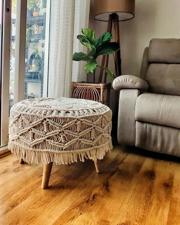 I'm so proud to launch this macrame stool. It took a lot of time to design and create the intricate pattern for the cover, but the result is a stunning piece of functional art that adds so much beauty to my living room.