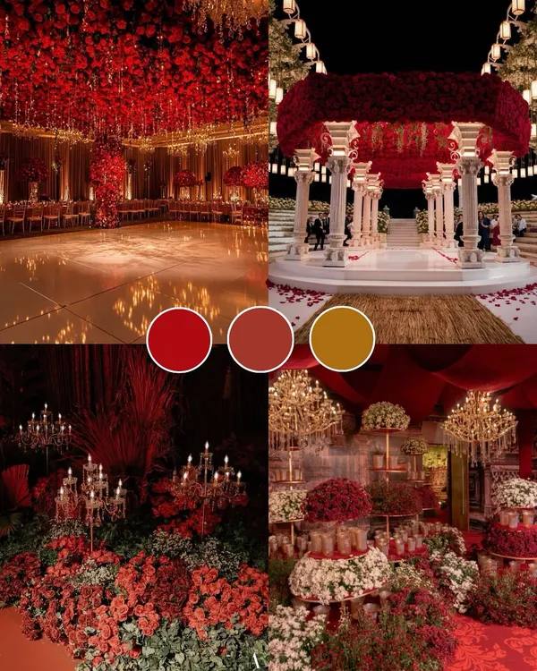 A mood board for a wedding theme of passion and royalty. The deep reds and rich golds create an atmosphere of opulence, perfect for a grand reception or a royal Rajasthani wedding.