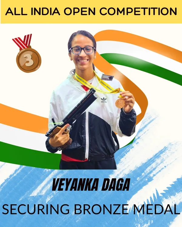 Here is my student Veyanka Daga, proudly showing her Bronze Medal from the All India Open Competition. Her dedication to pistol shooting is an inspiration to us all.
