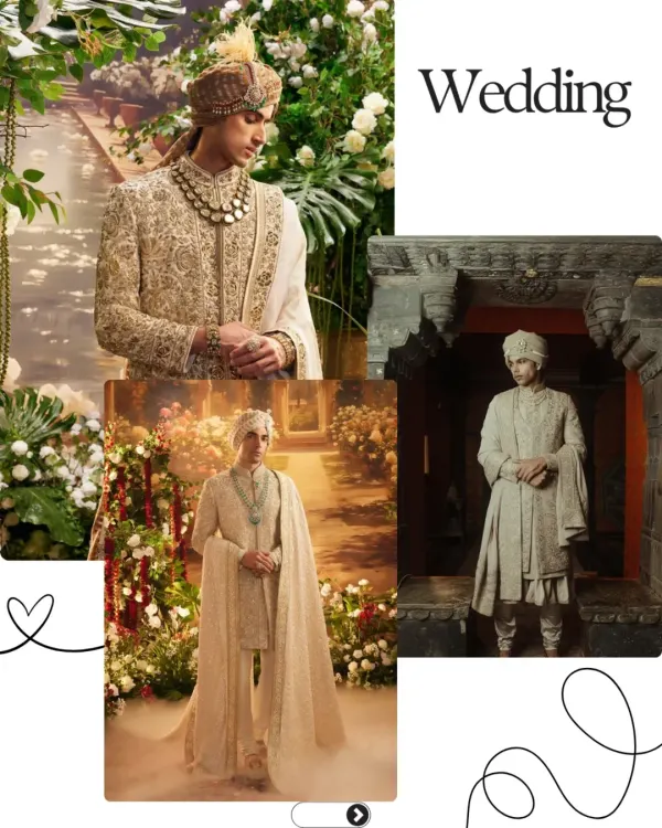 A showcase of regal wedding day attire for the modern groom. This collage features a range of sherwanis, from intricately embroidered pieces paired with a safa to elegant, layered ensembles with a classic stole.