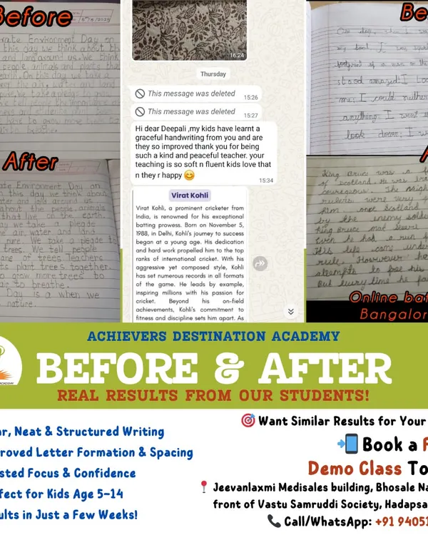 Here is another look at the real results our students achieve. This graphic shows before and after samples from both our online Bangalore batch and in-person classes in Pune, proving that clear, structured writing is an achievable goal for every child.