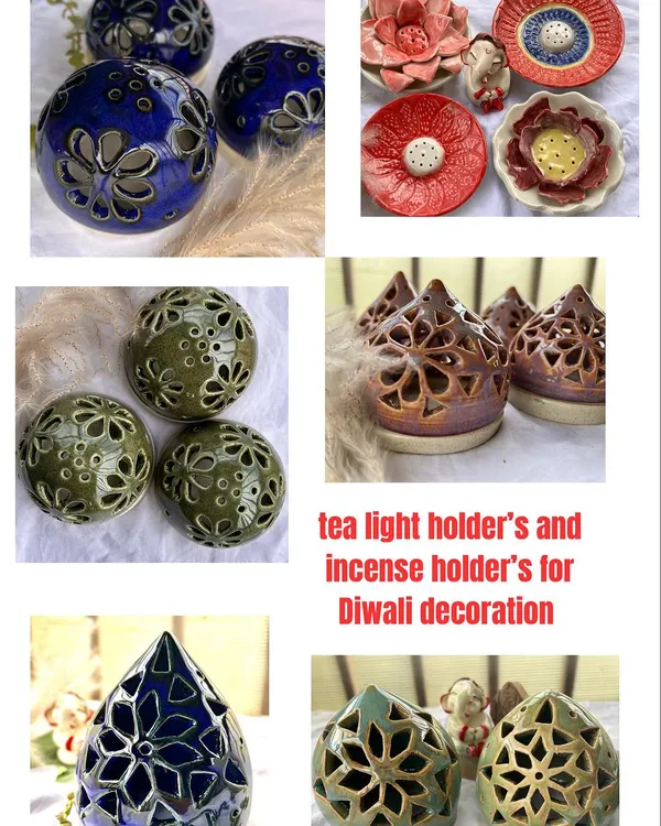 A collage of my festive collection, featuring tea light holders and incense burners in beautiful colors. These make wonderful gifts for Diwali.