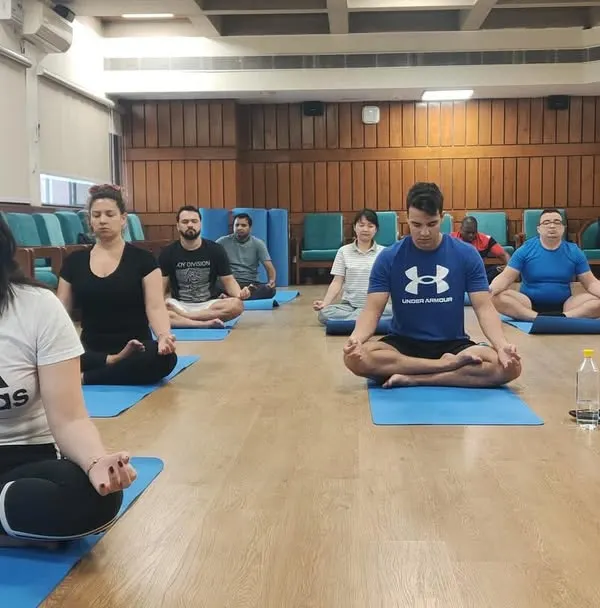 Students from over 13 countries in our February batch practicing Dhyana (meditation). My in-person course provides a serene environment for deep focus and spiritual growth.