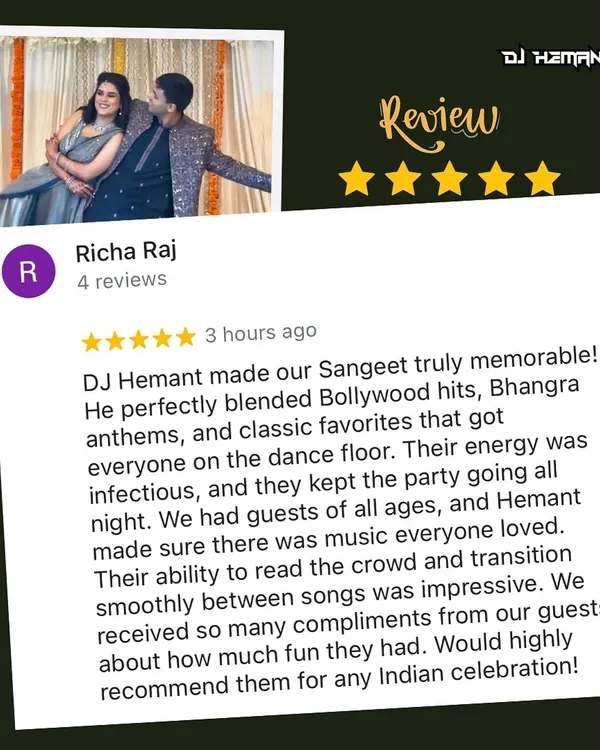 This review from Richa perfectly captures what I aim for at every sangeeth. It's about blending Bollywood hits, Bhangra anthems, and classic favorites to get guests of all ages on the dance floor and keep the party going all night.