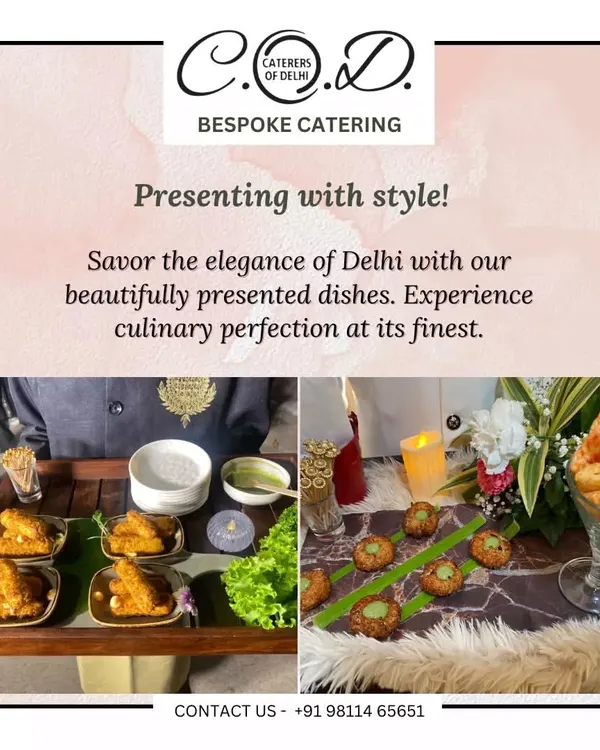 Presenting our appetizers with style. This collage shows two examples of our plating, featuring fried snacks served on a banana leaf and kebabs arranged on a textured platter, demonstrating our blend of traditional and modern presentation.