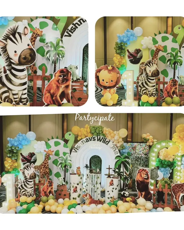 A collage showing different angles of Vishnu's 'Wild One' birthday party. I used cute animal cutouts, a light-up number '1', and a mix of green, white, and yellow balloons to create a fun and friendly jungle vibe.