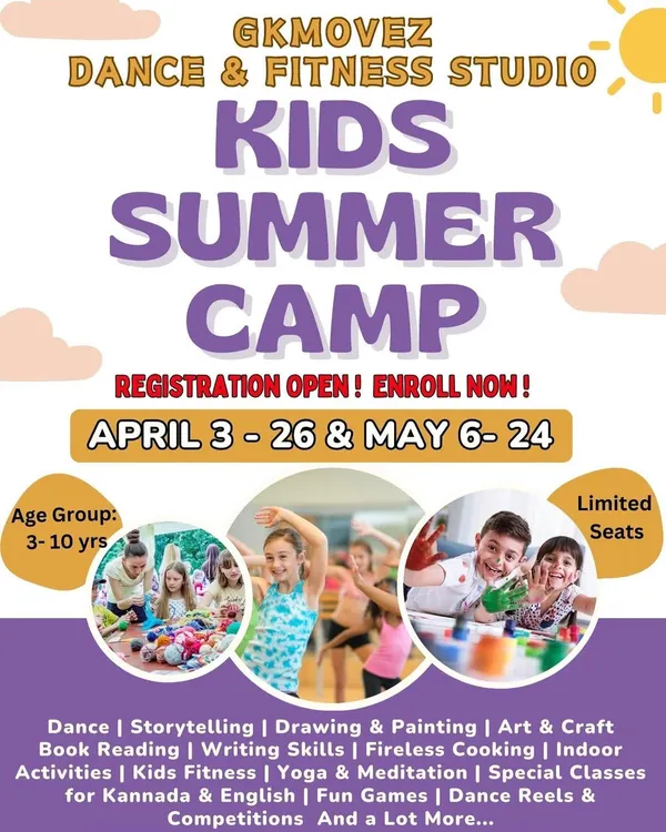 All the details for our upcoming Kids Summer Camp. This flyer outlines the registration dates for April and May, the 3-10 year age group, and the wide range of activities included, from dance and storytelling to kids fitness and yoga.