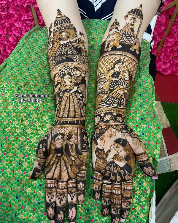 A complete bridal mehandi telling a story with multiple figures and scenes. My course will teach you how to plan and execute such grand designs.