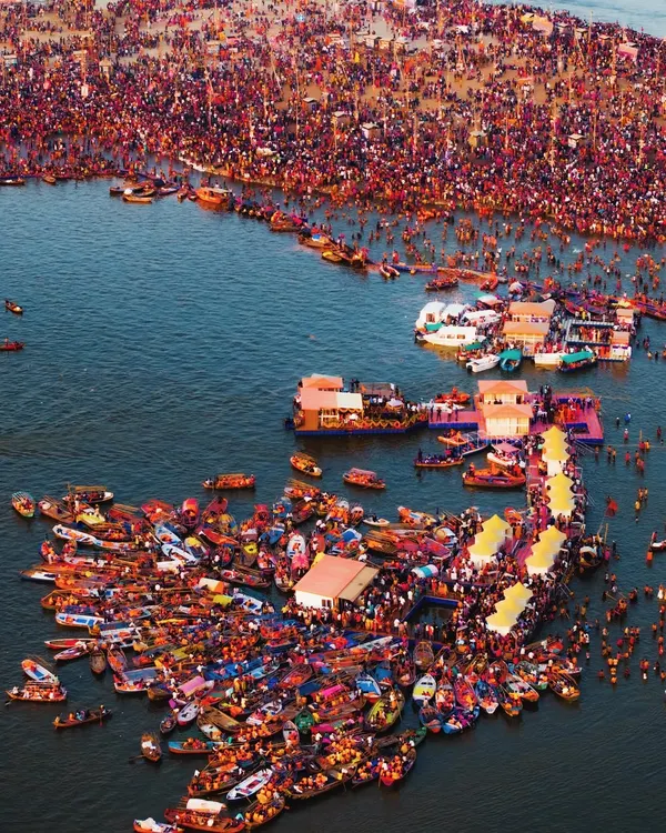 An epic aerial view of the Mahakumbh Mela in Prayagraj. The sheer scale of humanity gathered at the Triveni Sangam is a powerful testament to faith.