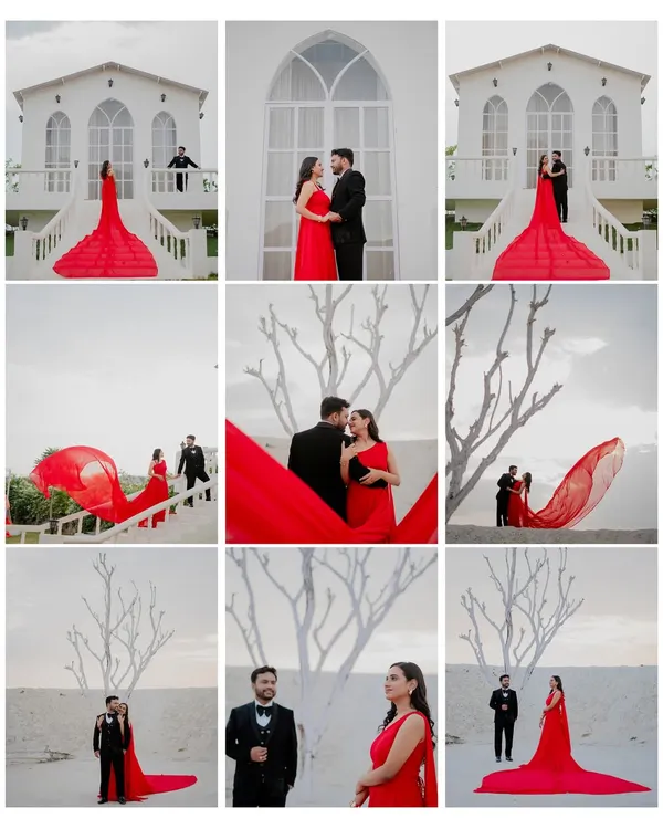 A stunning collage from Ankit and Purva's shoot at a unique location with white hills. The bride's vibrant red flowing gown creates a spectacular contrast against the white landscape, making for truly dramatic pre-wedding photos.