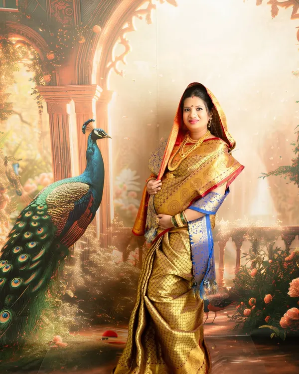 A majestic portrait in a traditional gold saree. The backdrop, featuring a peacock and palace architecture, adds to the royal and cultural feel of the shoot.
