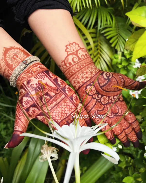 The gorgeous, deep red stain of a bridal design, featuring peacocks and elephants. The color is a result of my natural henna and proper aftercare.