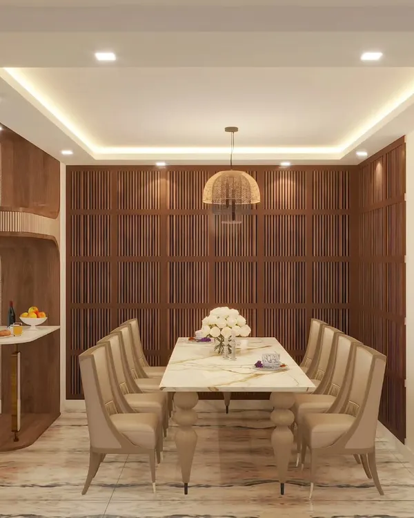 The initial 3D vision for the Harmony Home dining space, featuring a marble-top table, elegant chairs, and a rich, wood-paneled accent wall.