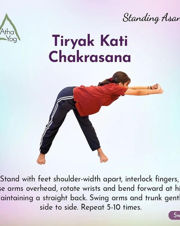 This is a look at Tiryak Kati Chakrasana, a standing spinal twist. We provide simple, clear instructions on how to perform the pose correctly, from foot placement to the final movement. Our goal is to make asanas accessible and show you their benefits, like improved spinal flexibility and digestion.