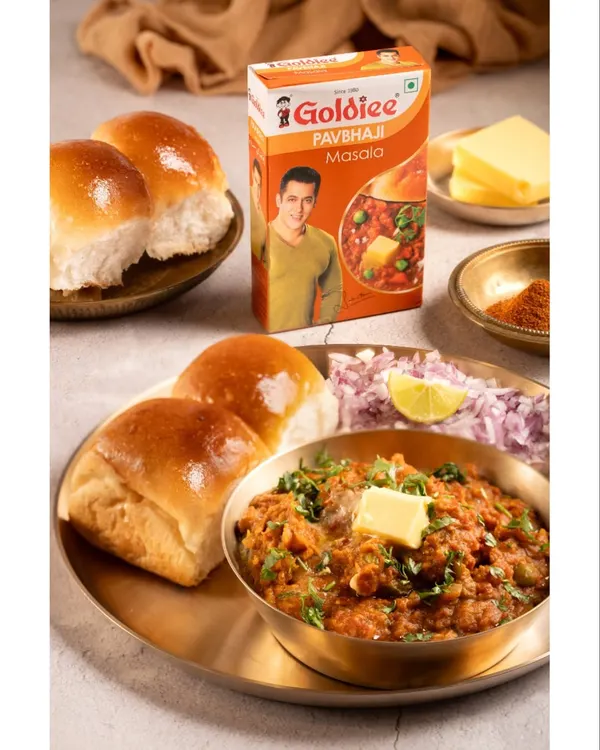 A classic food shot designed to make you hungry. For Goldiee Masale's Pav Bhaji mix, I styled a rich, buttery, and authentic Mumbai street food scene that looks absolutely delicious and ready to eat.