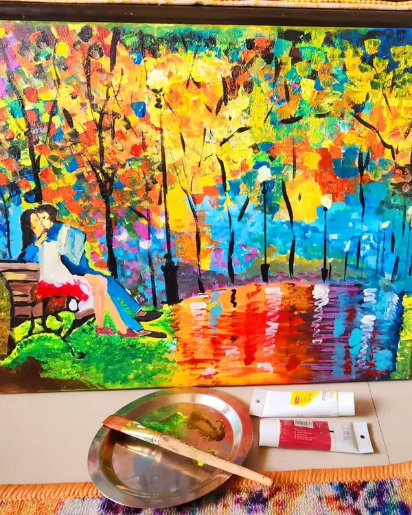 Colours heal me, define me, and make me happy. This vibrant painting of a couple on a bench is a reflection of the joy and connection that art can bring into our lives.