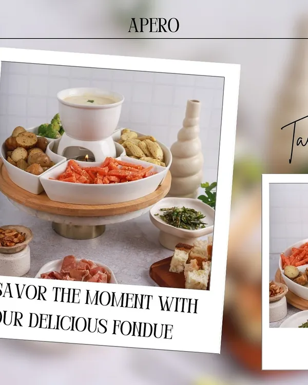Our cheese fondue set is perfect for a cozy get-together. It comes with a pot of melted cheese and an assortment of dippables like baby potatoes, bread, and vegetables.