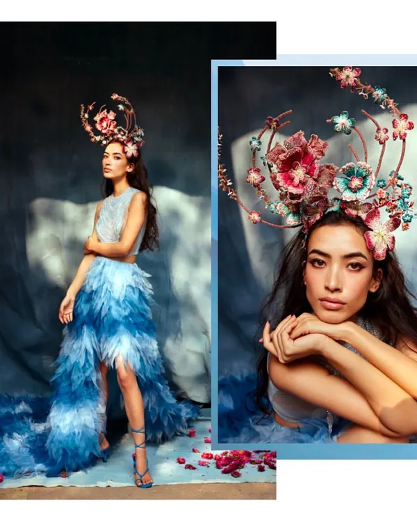 A breathtaking shot from the 'UTOPIA' campaign for accessory designer Deepa Gurnani. We paired a feathered, ombre skirt with a stunning, intricate headpiece to create a fantastical, otherworldly look.