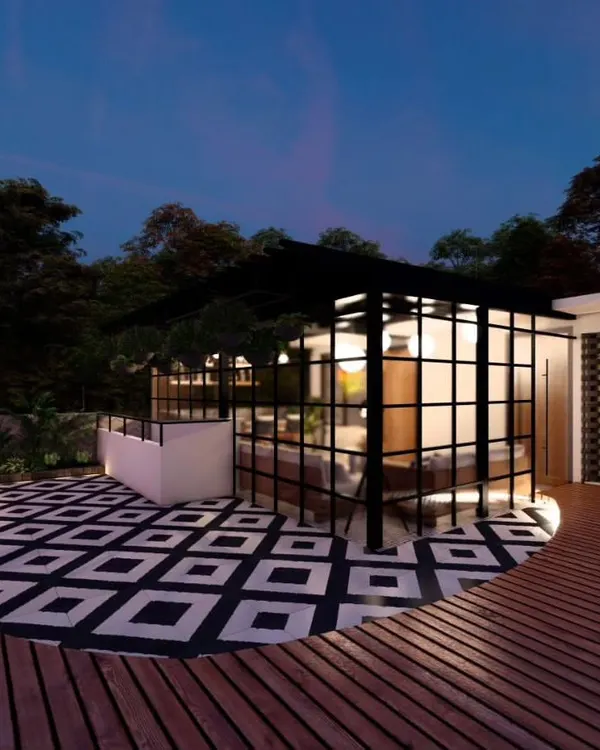 A 3D concept for a stunning modern terrace featuring a glass-enclosed lounge, a wooden deck, and bold black-and-white flooring.