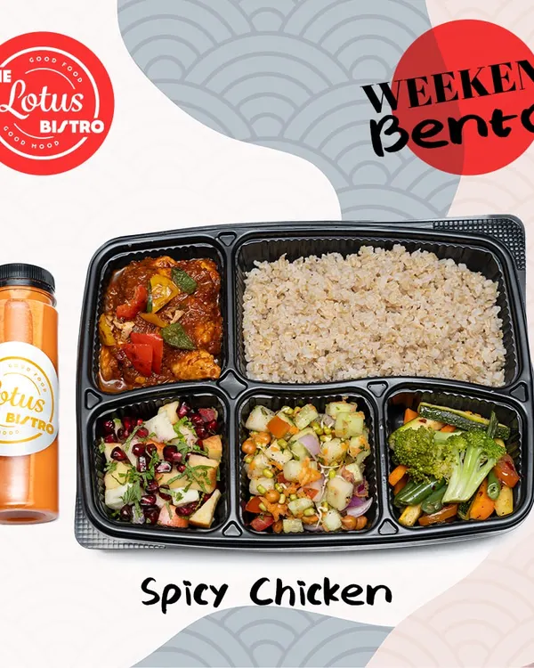 The Spicy Chicken Bento is a customer favorite, featuring a flavorful chicken main course. This balanced meal is perfect for refueling and includes brown rice, a chickpea-pomegranate salad, and steamed vegetables.