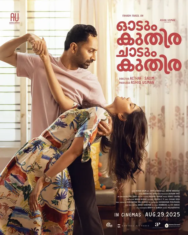 A romantic poster for the film 'Odum Kuthira Chaadum Kuthira'. For this scene, my makeup for Fahadh Faasil was designed to be subtle and realistic, enhancing his features for a natural, intimate moment on camera.