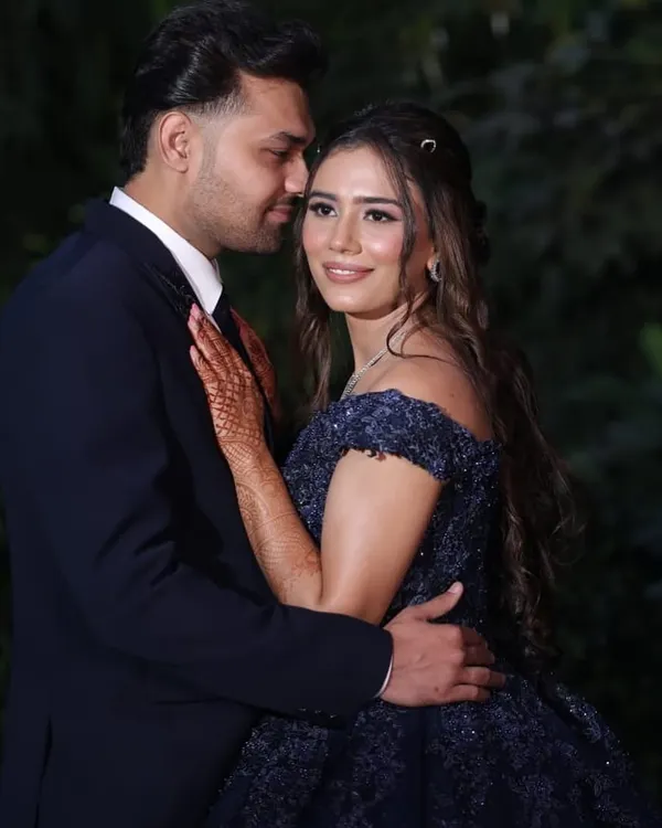 A beautiful couple portrait from an engagement shoot. I created a soft, romantic makeup look for her that looks incredible in photos and complements her stunning blue gown.