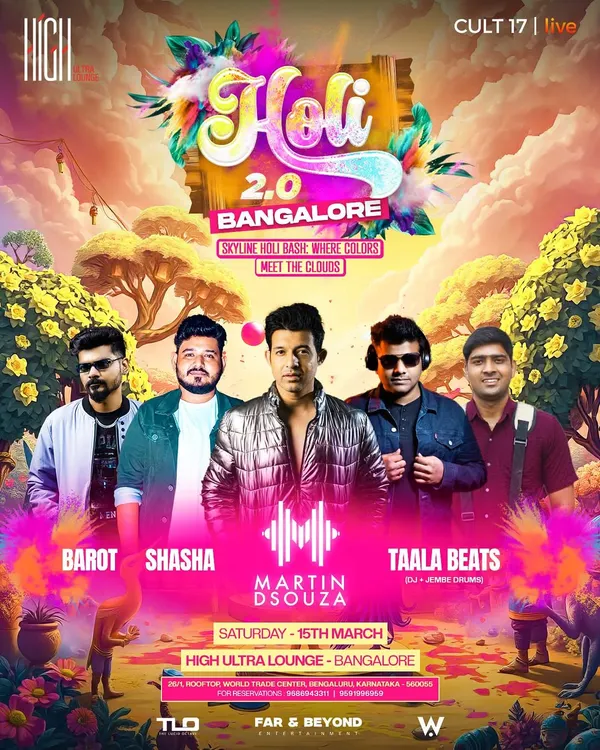This poster for 'Holi 2.0' in Bangalore showcases a sky-high party on the 31st floor of the World Trade Center. I create unique concepts like this that are highly attractive to both partygoers and potential brand sponsors.