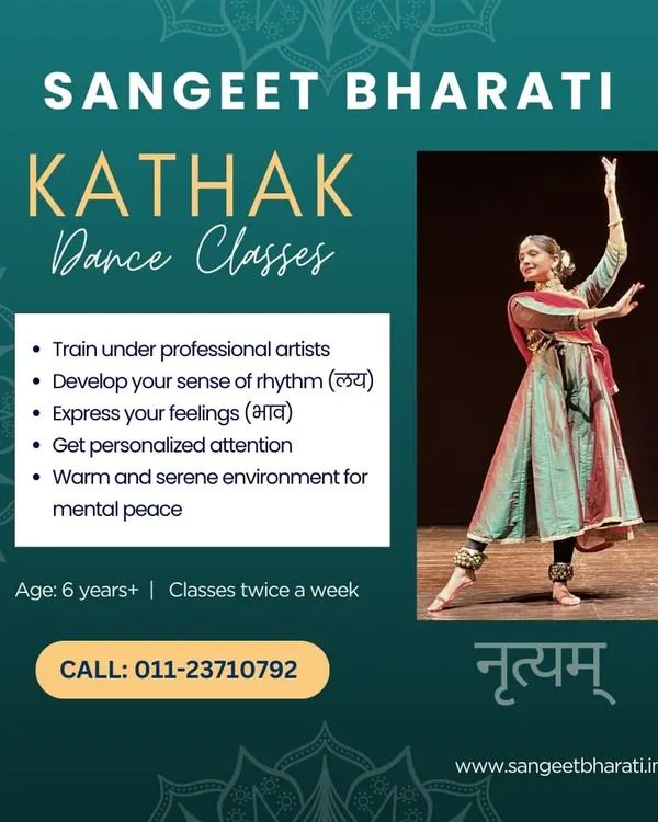 A student captured in a classic Kathak pose. Our classes focus on achieving technical precision in posture and movement, providing personalized attention to each learner.