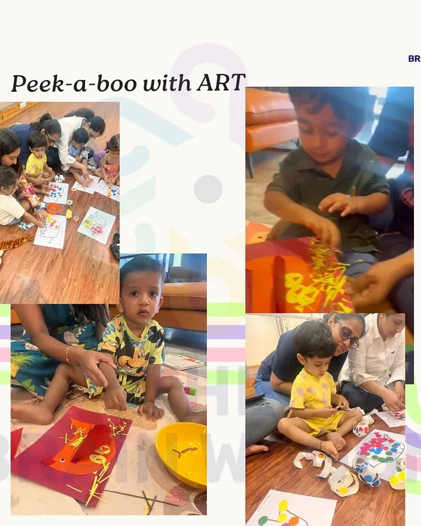 Peek-a-boo with art. Our sessions are filled with creative projects that allow children to explore materials, colors, and their own imagination.