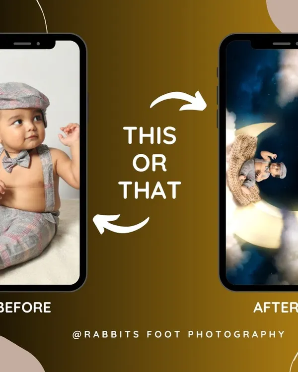 A before-and-after example of my editing process. I can transform a simple home photo into a magical, creative portrait, like placing your baby on the moon.