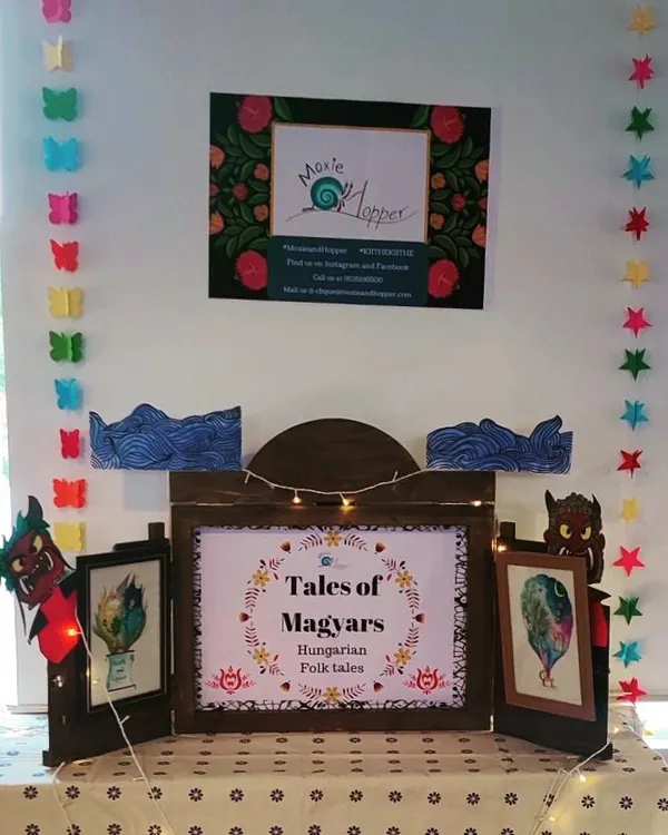 Our setup for 'Tales of Magyars', a session on Hungarian Folk Tales. The Kamishibai stage is decorated with themed puppets and art, instantly setting the scene for a journey to a faraway land.