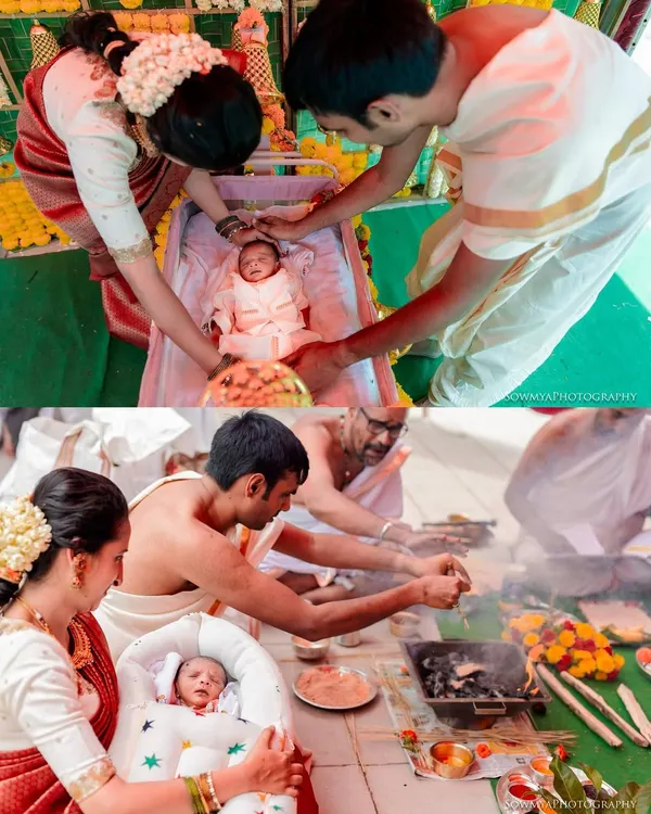 A collage showcasing the key moments of a traditional South Indian naming ceremony. We document everything from the baby in the cradle and the sacred fire (homa) to the loving interactions with family, creating a complete story of the day.