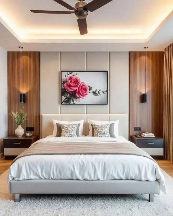 A beautifully balanced master bedroom featuring a padded headboard flanked by wood-paneled walls and elegant pendant lights. The design is simple, sophisticated, and creates a calming atmosphere.