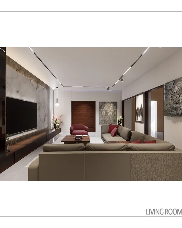 The living room in our Modern Royale project combines a comfortable sectional sofa with rich textures and artwork. We used track lighting to create a flexible, gallery-like feel, highlighting specific features and creating a layered ambiance.