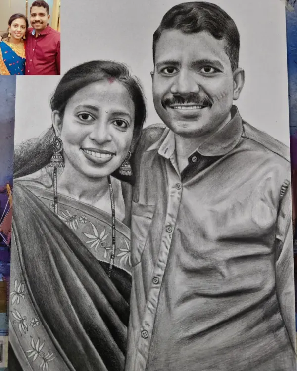 Here is the side-by-side comparison for a commissioned couple portrait. My process involves studying the source photo to translate your digital memory into a hand-drawn artwork you can hang on your wall.