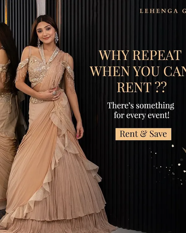 The question I always ask is, 'Why repeat when you can rent?'. This image of a modern ruffled saree perfectly illustrates the stylish, non-repetitive options available in my collection.