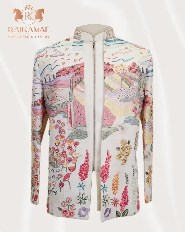 This open Jodhpuri is a wearable piece of art, featuring a breathtaking landscape embroidered with colorful threads and sequins. It represents my passion for creating one-of-a-kind statement pieces that blend heritage craft with a modern, artistic vision.