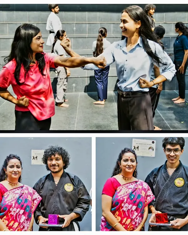 Moments from a women's self-defense class. The top image shows participants practicing a blocking and striking drill, while the bottom photos celebrate students' achievements at a felicitation ceremony.