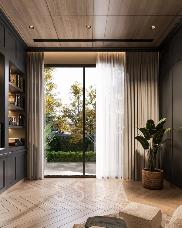 This study and hobby room concept is envisioned as a refined retreat. Dramatic black walls are balanced by warm wooden floors and a ceiling, while a large sliding door frames the garden, bringing in natural light.